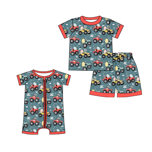 ( Moq 5 Each Style ) Baby Boys Short Sleeves Eggs Trucks Sibling Easter Zipper Romper Set