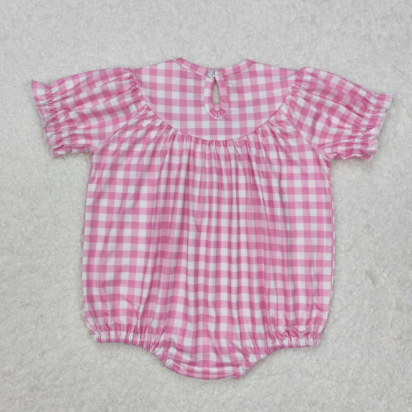 Baby Girl Infant Short Sleeves Pink Plaid Bows Smocked Embroidery Bubble Romper