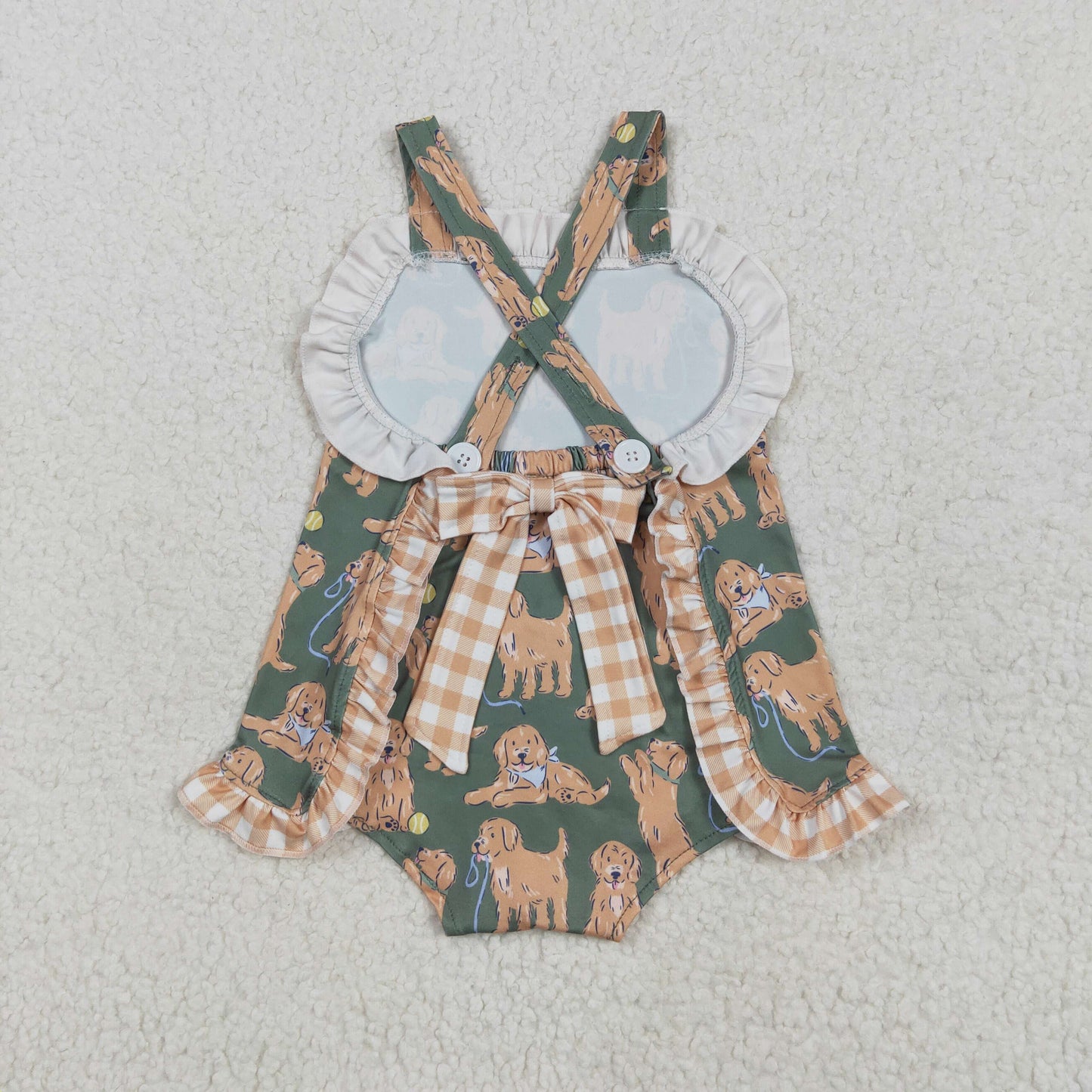 Baby Girl Infant Straps Dogs Bow Bubble Romper RTS