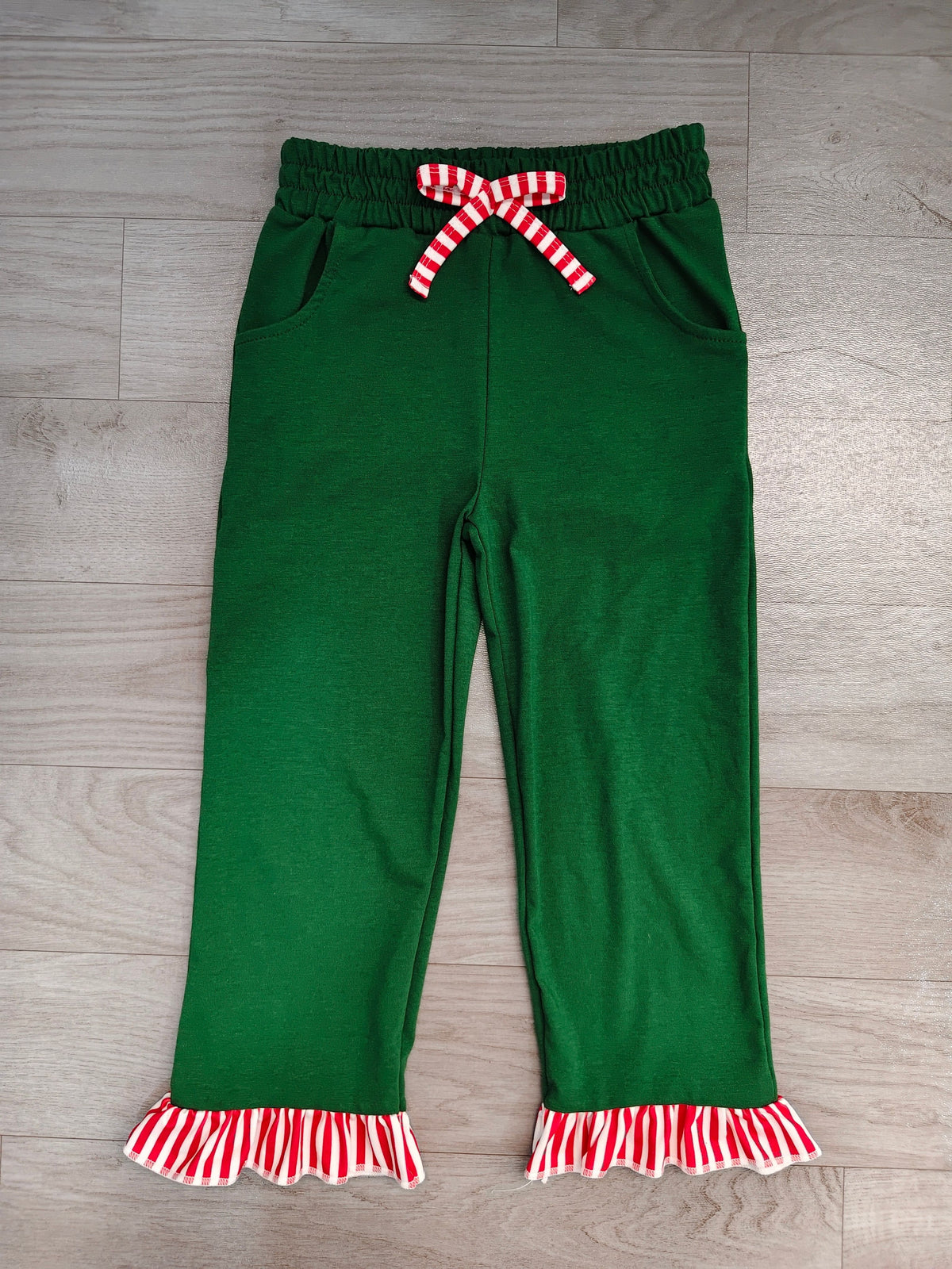 ( No moq ) Baby Girls Kids Pockets Bows Green Pants Bottoms Clothes