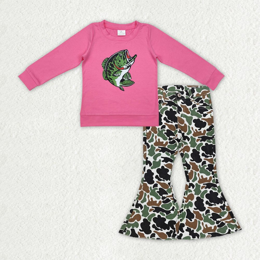 Baby Girl Long Sleeves Fishing Pink Shirt Camo Jeans Denim Pants Clothes Set