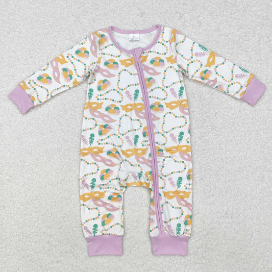 Baby Girl Infant Long Sleeves Mardi Gras Masks Purple Zipper Romper