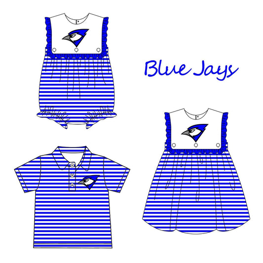 Baby Boy Girl Team Football Blue Stripes Sibling Romper Dress Clothes ( Moq 5 )