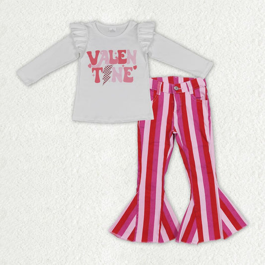 GLP1162 Baby Girl Long Sleeves Shirt Stripes Denim Bell Pants Valentine's Day Set