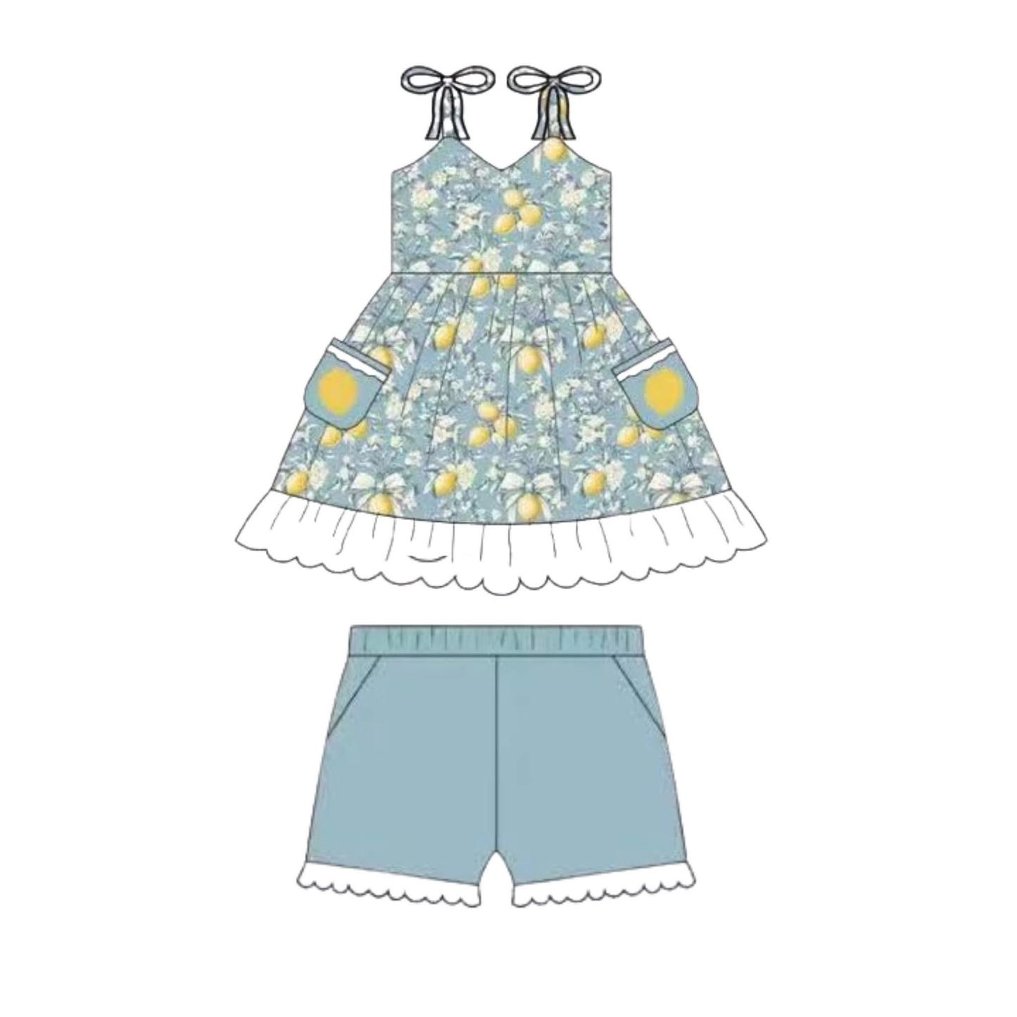 ( Moq 5 ) Preorder Baby Girl Kids Lemons Pockets Ruffle Tops Pockets Shorts Set Summer Clothes