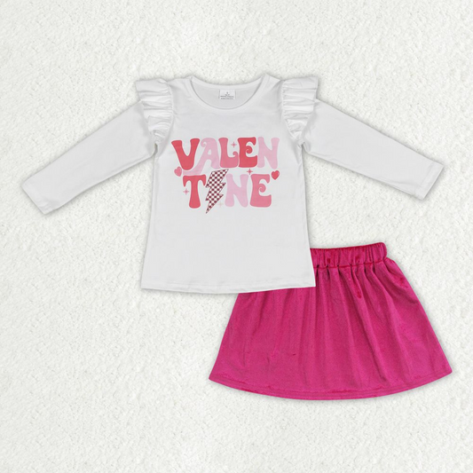 GLD0507 Baby Girl Long Sleeves Tops Pink Velvet Skirt Valentine's Day Set