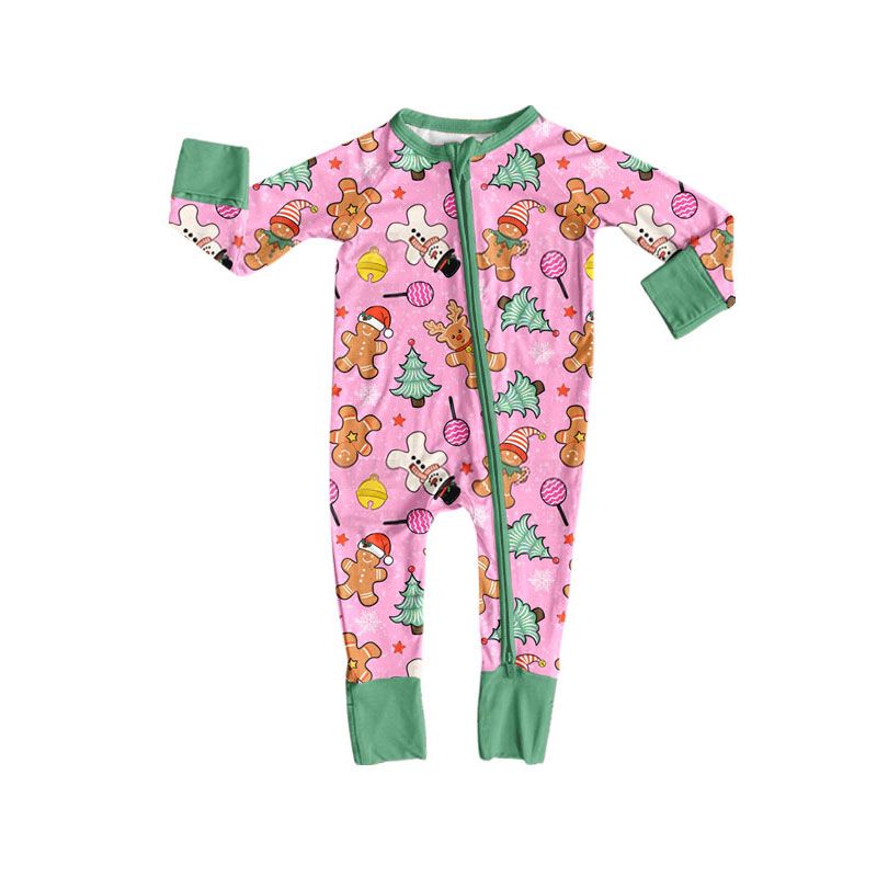 ( Moq 5 ) Preorder Baby Girls Kids Christmas Gingerbread Tree Zipper Sleeper Footie Romper Clothes