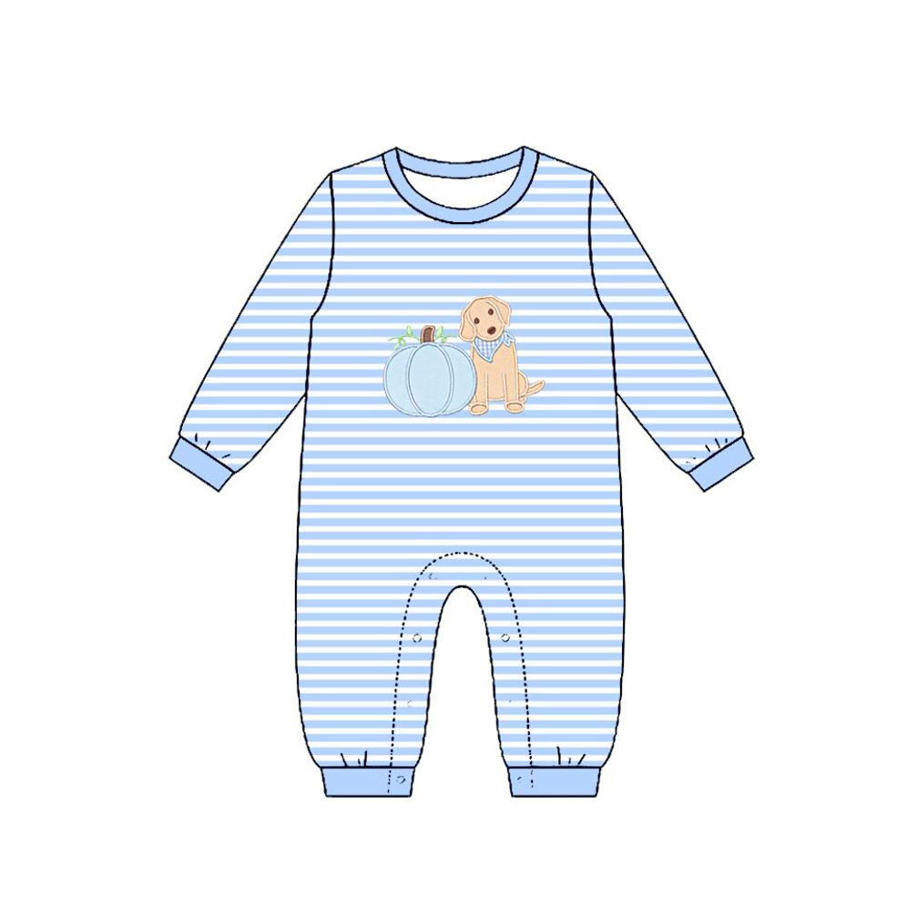 ( Moq 5 ) Preorder Baby Boys Kids Pumpkins Dog Blue Stripes Fall Romper Clothes
