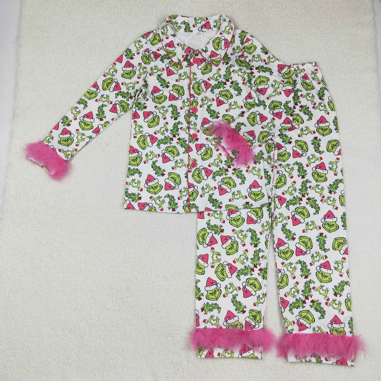 Sibling Girls Kids Adult Women Green Face Buttons Fur Shirt Pants Mom and Me Christmas Pajamas Set RTS