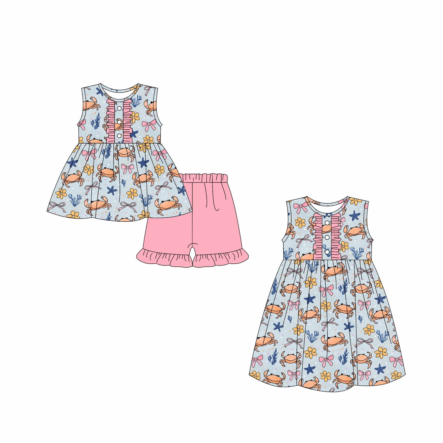 Baby Girl Sleeveless Flower Bows Crabs Sibling Dress Set ( Moq 5 Each Style ) 3.4