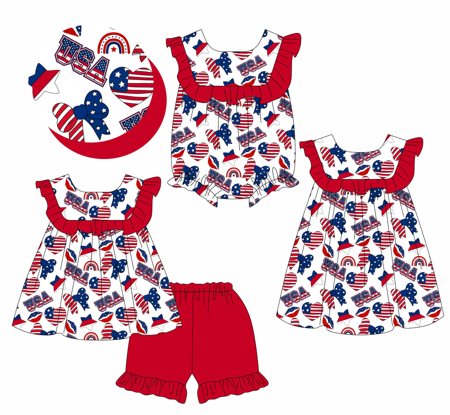 ( Moq 5 Each Style ) Baby Girl Hearts Stars Bows 4th Of July Sibling Romper Dress Set 3.25