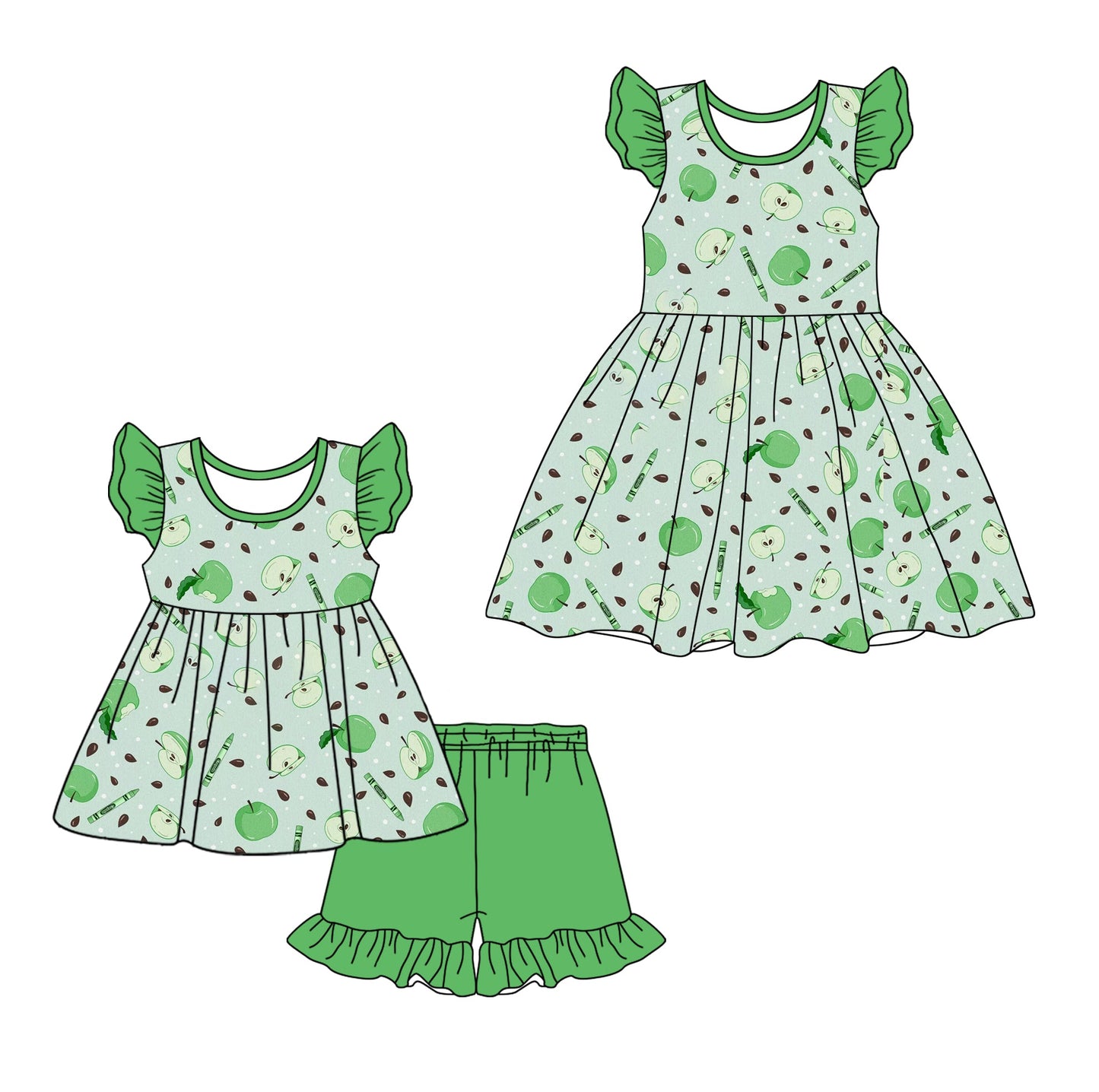 ( Moq 5 Each Style ) Baby Girl Short Sleeves Apple Pencil Sibling Green Dress Set 3.26