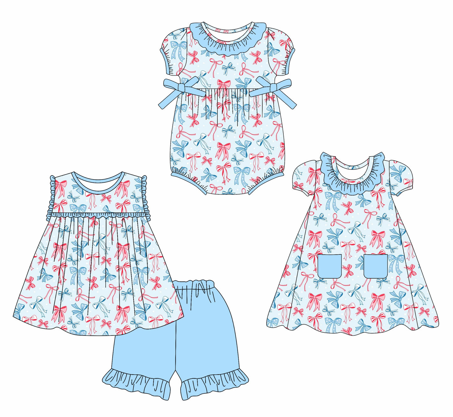 Baby Girl July 4th Bows Sibling Romper Dress Set ( Moq 5 Each Style ) 2.15