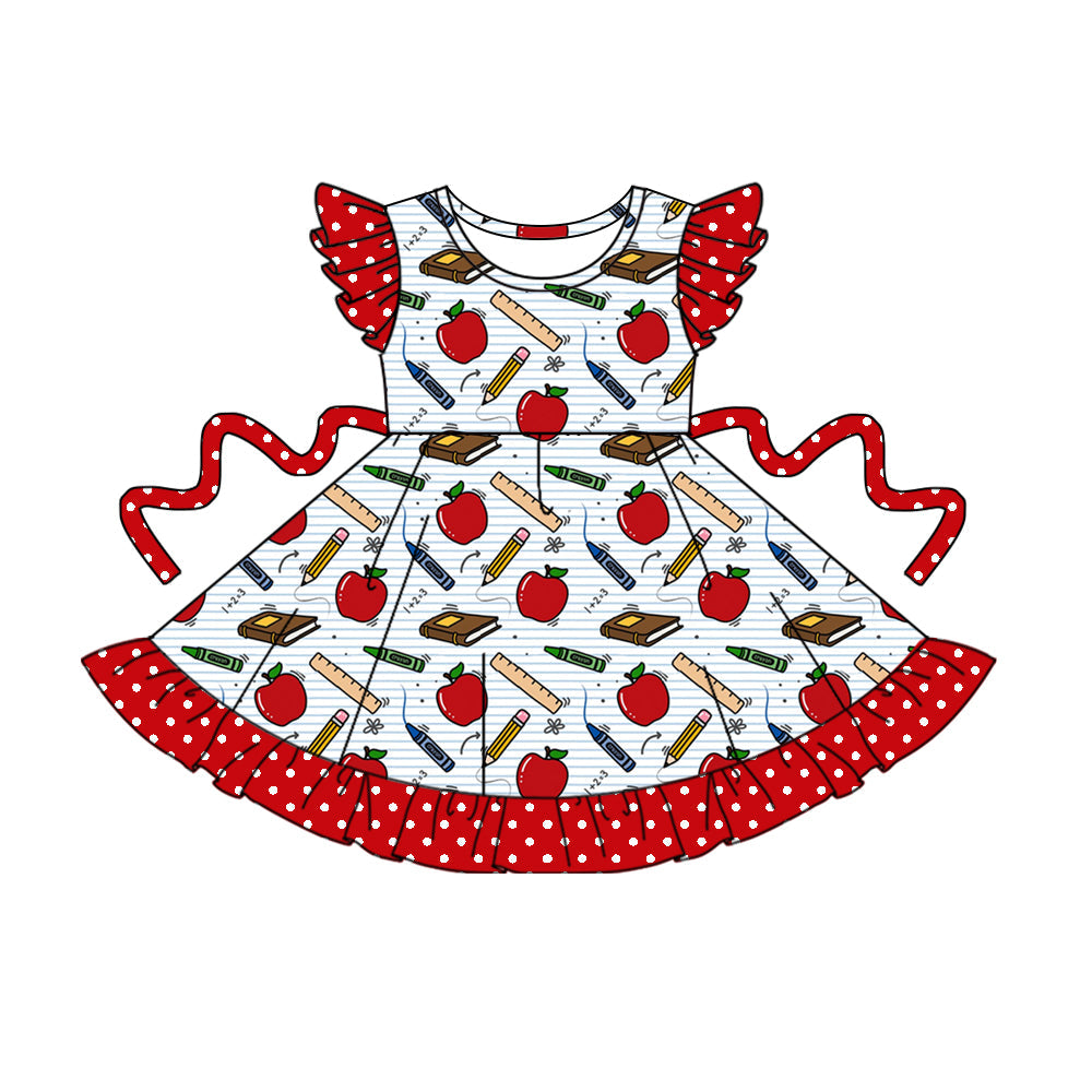 Baby Girl Short Sleeves Back To School Apple Pencil Knee Length Dress ( Moq 5 ) 2.19