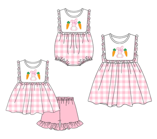 Baby Girl Short Sleeves Easter Rabbits Carrots Sibling Romper Dress Clothes Set ( Moq 5 Each Design )12.6