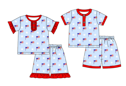 Baby Boy Girl July 4th Flags Stars Sibling Pajamas Set ( Moq 5 Each Style ) 2.13