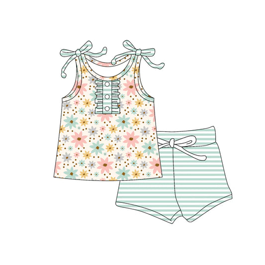 Baby Girl Straps Button Colorful Flowers Tunic Stripes Shorts Set ( Moq 5 )