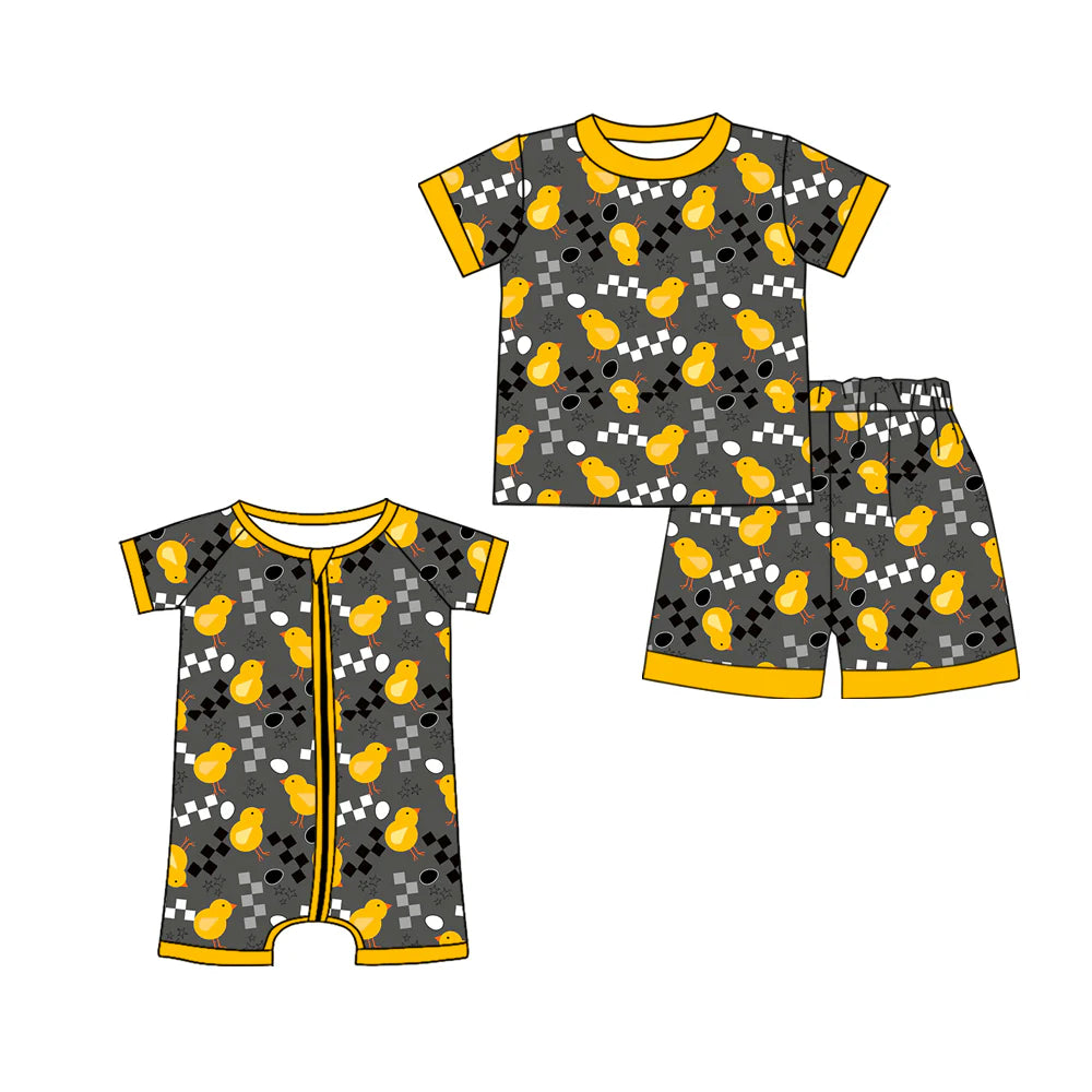 ( Moq 5 Each Style ) Baby Boys Short Sleeves Chicks Checked Sibling Easter Zipper Romper Set