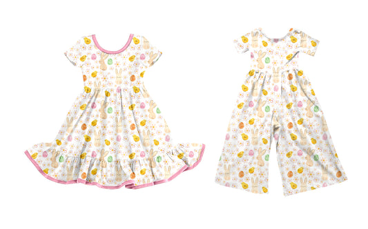 ( Moq 5 Each Style ) Girls Toddler Rabbits Eggs Floral Easter Sibling Dress Jumpsuit