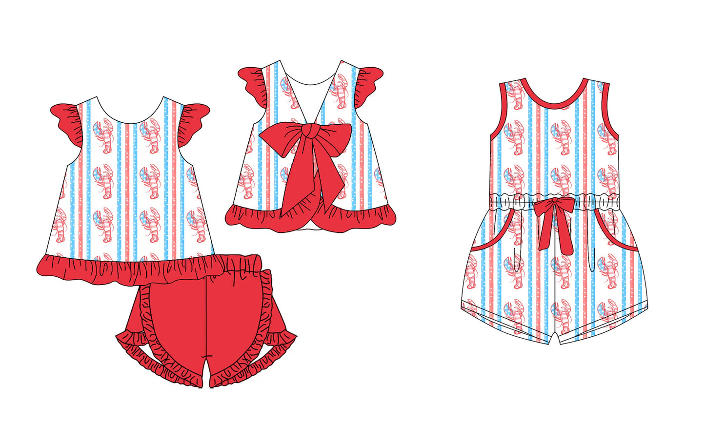 ( Moq 5 Each Style ) Baby Girls Toddler Crawfish 4th of July Sibling Jumpsuit Set
