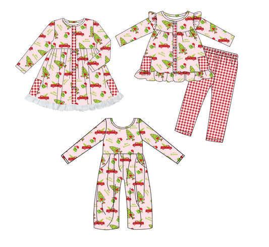 ( Moq 5 Each Style ) Baby Girl Toddler Green Face Christmas Sibling Jumpsuit Dress Set