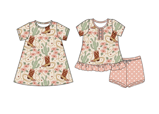 ( Moq 5 Each Style ) Baby Girl Western Boots Cactus Sibling Dress Set 4.18