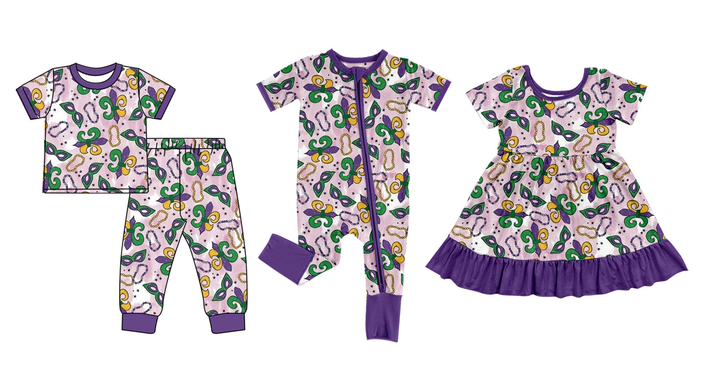 Baby Girl Short Sleeves Mardi Gras Sibling Dress Romper Set ( Moq 5 Each Design ) 12.9
