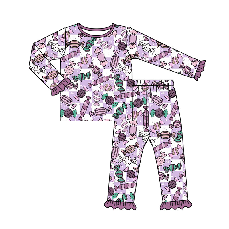 Baby Girl Candy Purple Checkered Shirt Pants Pajamas Set