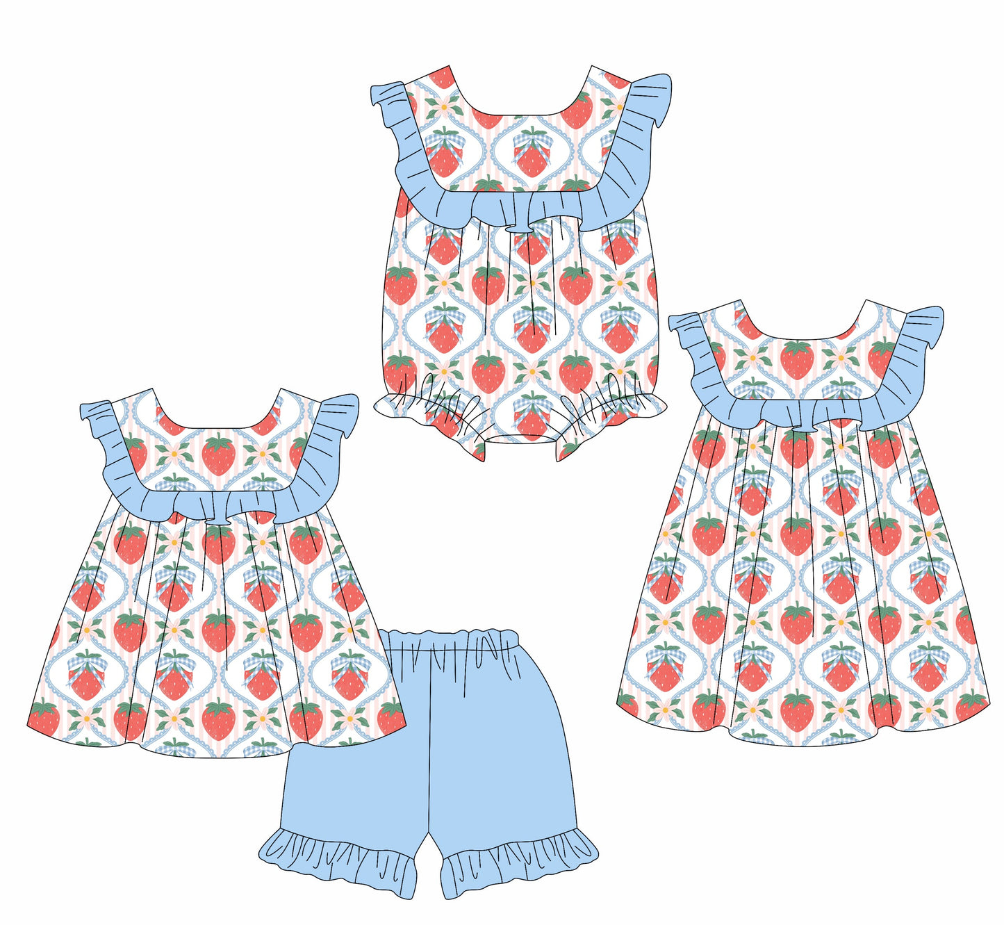 Baby Girl Strawberry Bows Ruffle Sibling Romper Dress Set ( Moq 5 Each Style ) 3.7