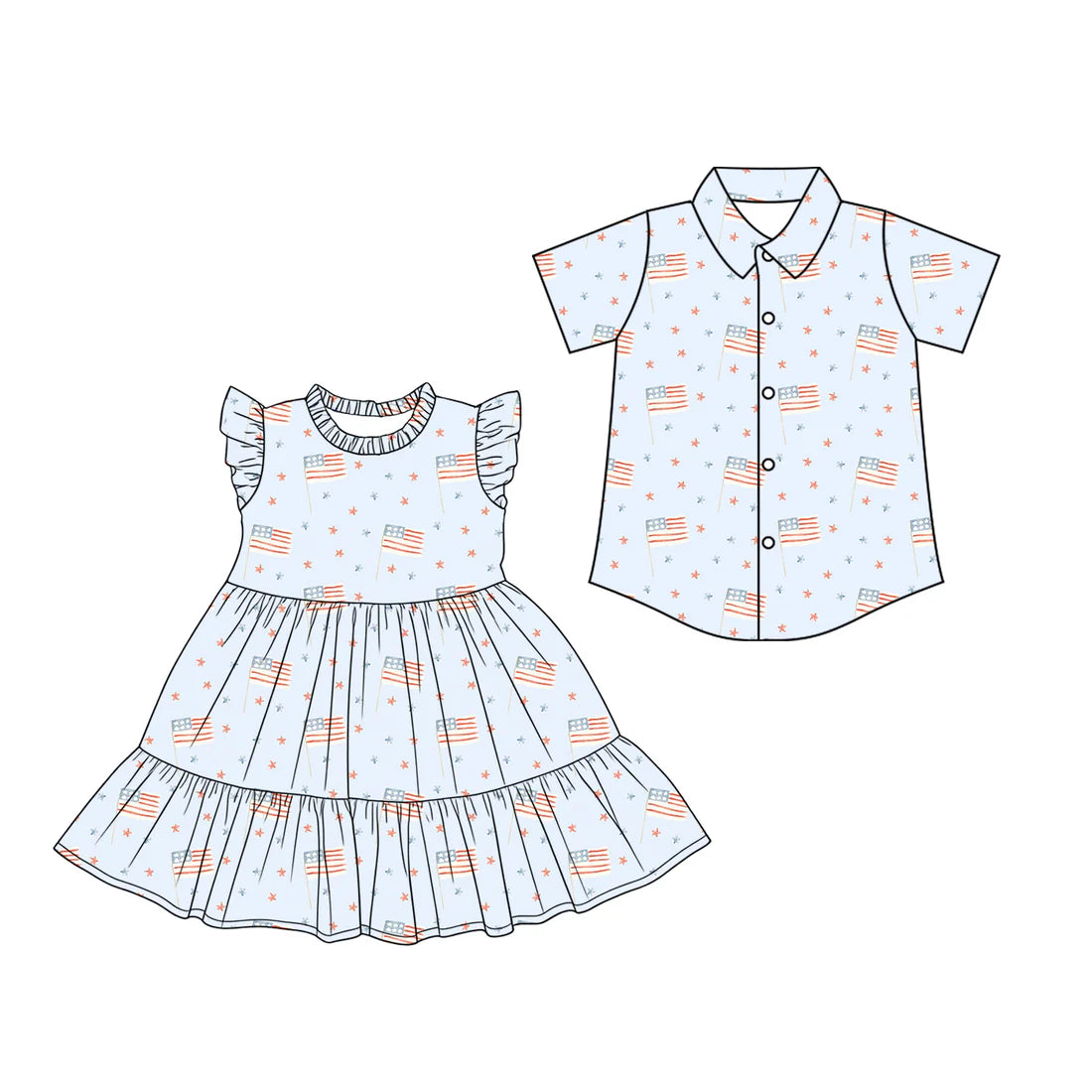( Moq 5 Each Style ) Sibling Boys Girls Kids Short Sleeves Flags Stars 4th of July Shirt Dress