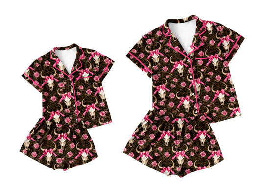 Baby Girl Adult Women Western Cow Bows Flower Sibling Pajamas Set ( Moq 5 Each Style ) 2.25