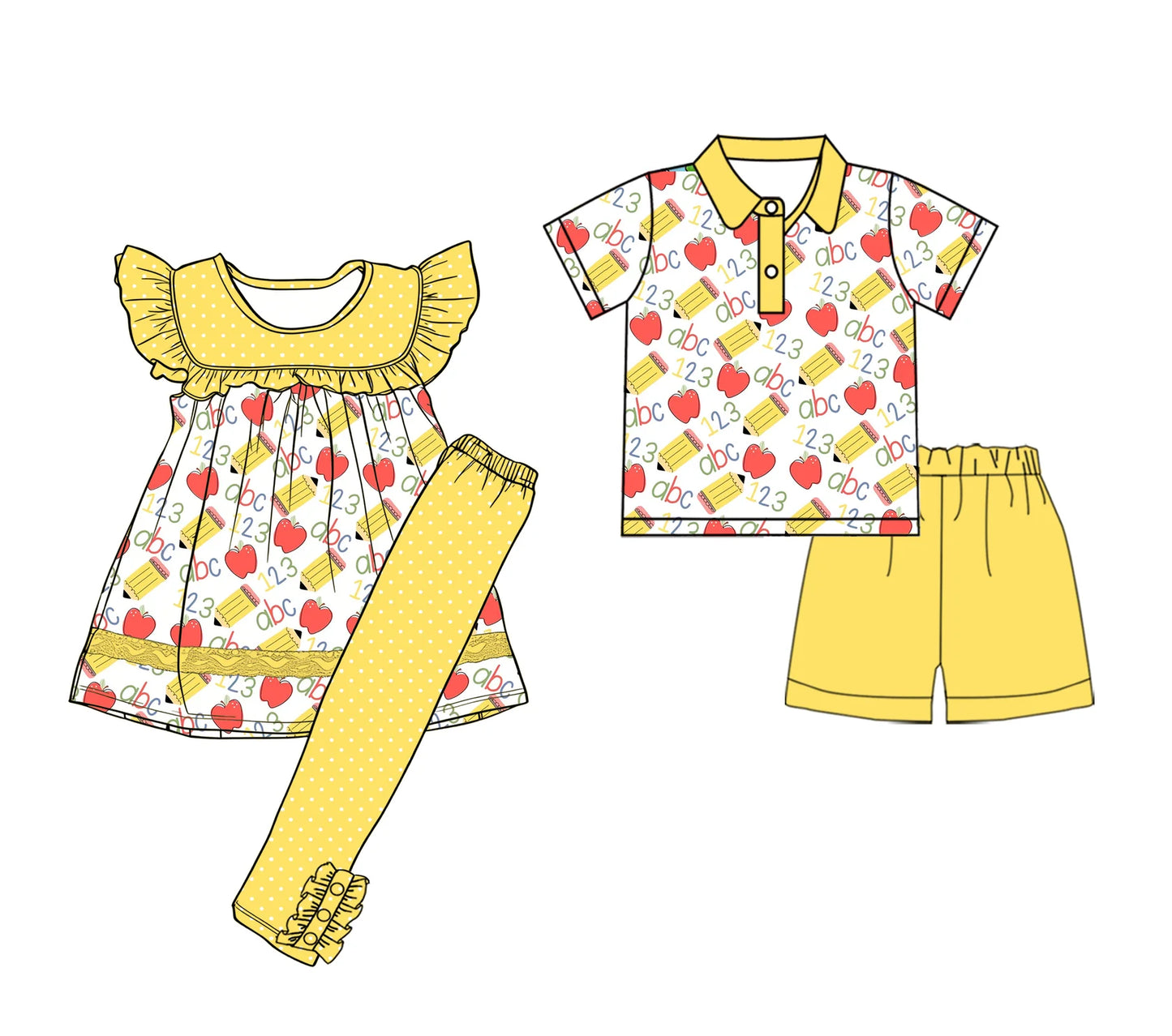 ( Moq 5 Each Style ) Baby Boys Girls Kids Short Sleeves Pencils Sibling Back to School Yellow Sets