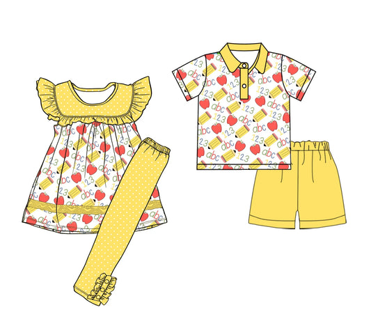 ( Moq 5 Each Style ) Baby Boys Girls Kids Short Sleeves Pencils Sibling Back to School Yellow Sets