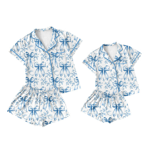 Baby Girl Adult Women Short Sleeves Blue Bows Flower Sibling Pajamas Set ( Moq 5 Each Style ) 3.21