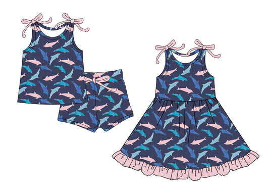 ( Moq 5 Each Style ) Baby Girl Sleeveless Bows Fish Sibling Dress Set 4.16