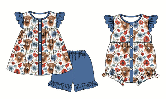Baby Girl July 4th Cow Flower Blue Sibling Romper Set ( Moq 5 Each Style ) 2.26