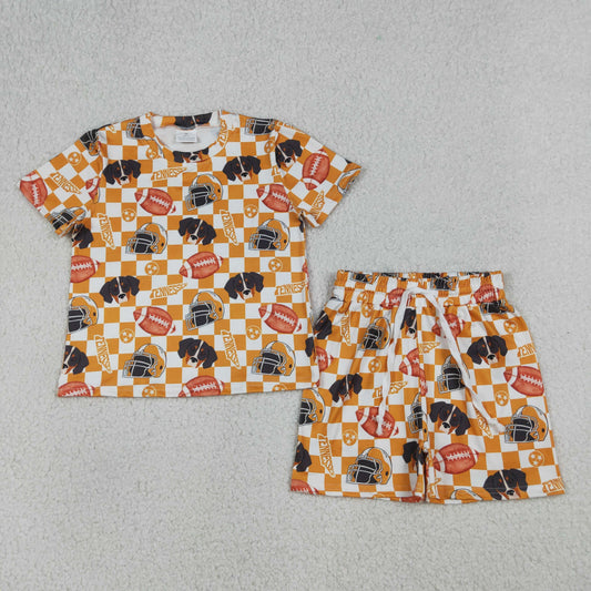 Baby Girls Kids Short Sleeves Dogs Football Orange Checked Shirt Shorts Team Clothes Set