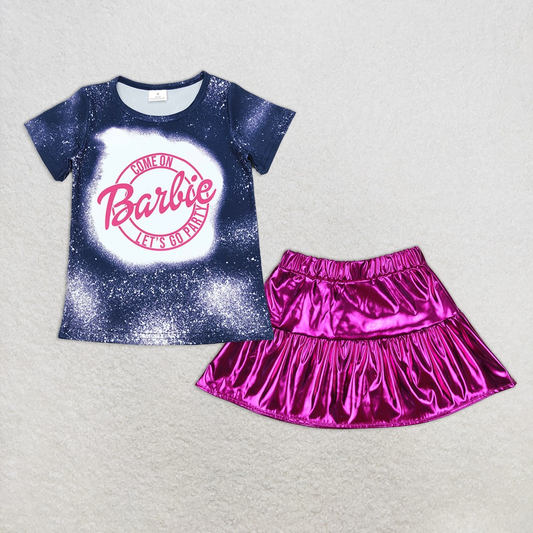 Baby Girl Short Sleeves Doll Shirt Purple Leather Skirt Birthday Set RTS