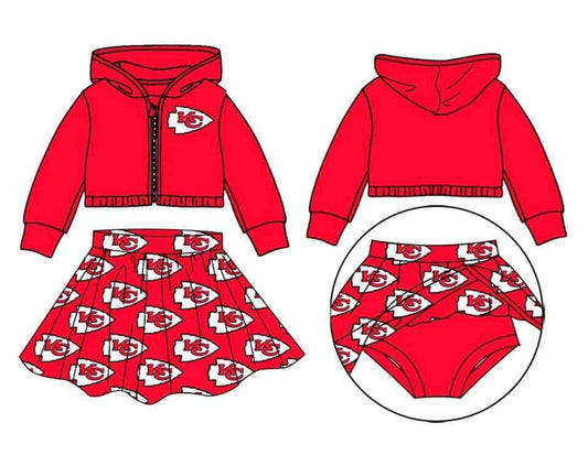 Baby Girl Hoodie Zipper Tops Skirt With Shorts Clothes Team Red Set moq 5