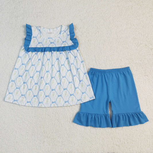 Baby Girl Short Sleeves Bows Flower Tunic Blue Shorts Set RTS