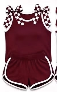 ( Moq 5 ) Preorder Baby Girls Kids Sleeveless Checked Bows Shirt Shorts Dark Red Set Summer Clothes