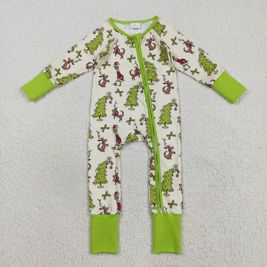 Baby Boy Infant Long Sleeves Dogs Green Face Christmas Zipper Romper RTS