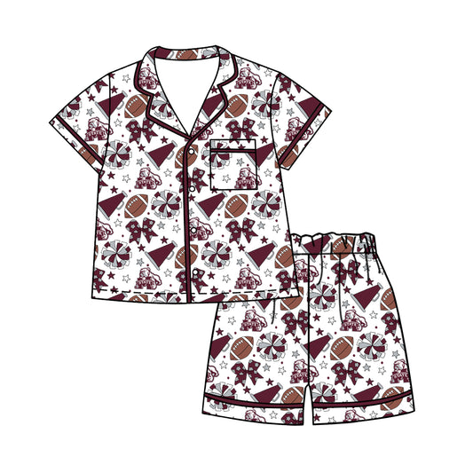 ( Moq 5 ) Baby Girls Kids Short Sleeves Dogs Bows Cheer Football Shirt Shorts Pajamas Set