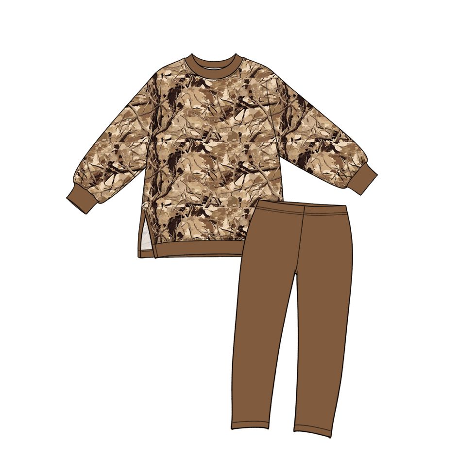 ( Moq 5 ) Preorder Baby Girls Kids Long Sleeves Leaves Tops Brown Leggings Yoga Set Camo Clothes