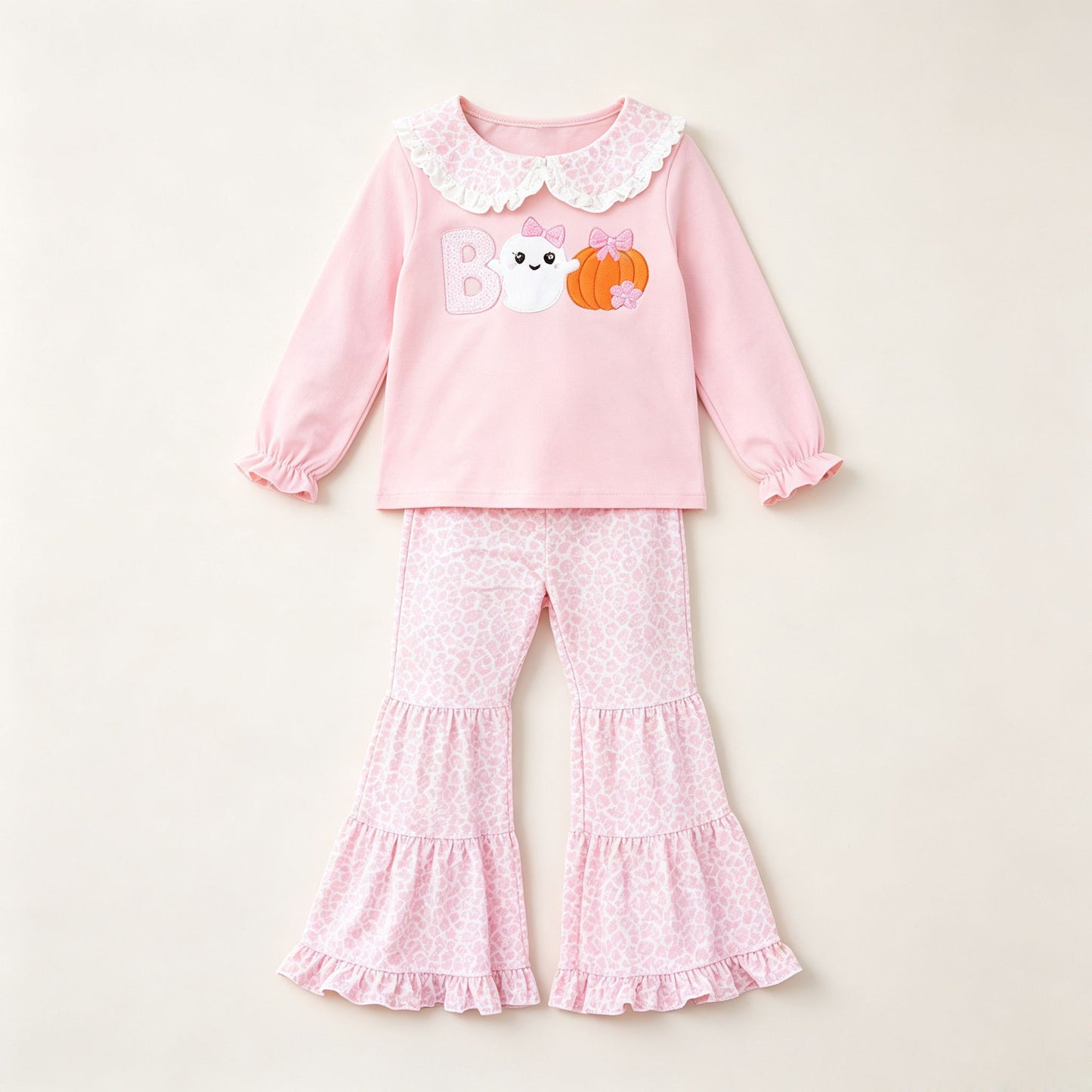 ( Moq 5 ) Preorder Baby Girls Kids Ghost Pumpkin Bows Shirt Pink Leopard Pants Set Halloween Clothes