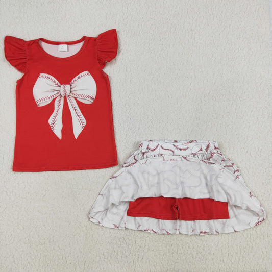 RTS Baby Girl Red Short Sleeves Bow Shirt Baseball Skirt Shorts Skorts Clothes Set(No moq )