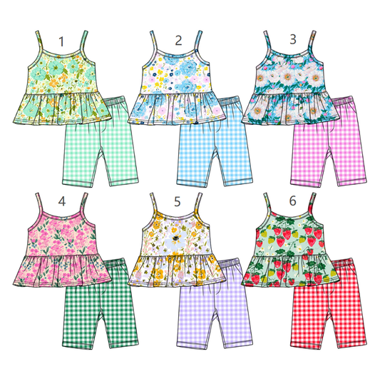 ( Moq 5 Each Style ) Sibling Baby Girls Kids Straps Flower Tops Plaid Shorts Sets Clothes