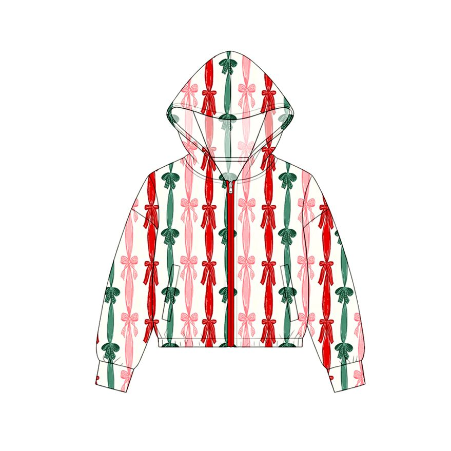 ( Moq 5 ) Preorder Baby Girl Kids Christmas Bows Pockets Zipper Hoodie Jacket Coat Tops