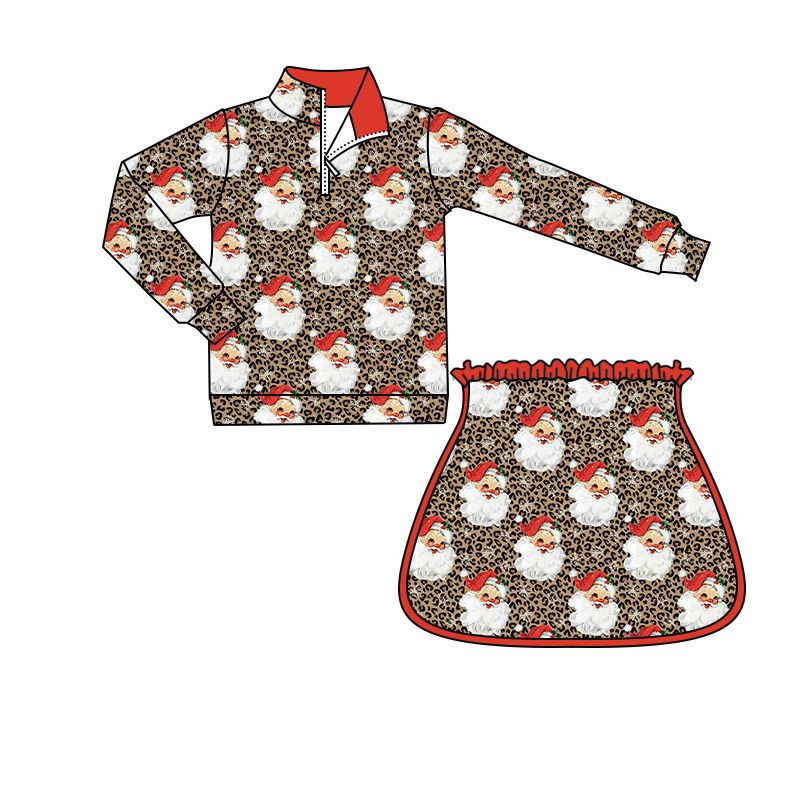 ( Moq 5 ) Preorder Baby Girls Kids Christmas Santa Zipper Pullover Tops Skirt Shorts Leopard Set Clothes