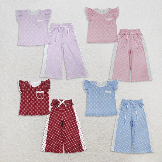 Sibling Baby Girl Kids Short Sleeves Pockets Shirts Dots Pants Sets Clothes RTS